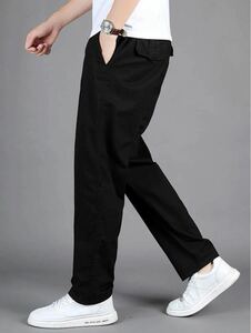 メンズパンツ ソリッド 腰ポケット パンツ ブラック Lサイズ 大きめ ストレートレッグ ロング ファブリック 