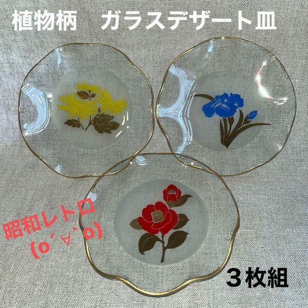 昭和レトロ 日本の詩 冷菓子皿 カメイガラス 3枚セット菓子皿