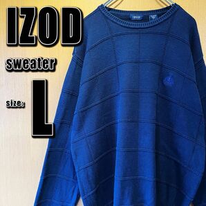 【IZOD】ニットセーター　L 紺ネイビー　刺繍ロゴ　コットン生地