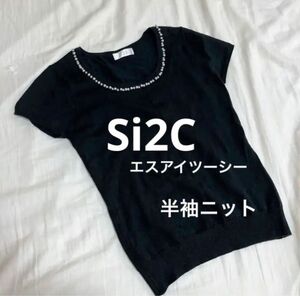 エスアイツーシー si2c 半袖ニット ブラック 黒 胸元パール 上品 きれいめ 美品 可愛い シンプル 春夏秋冬 使いやすい M