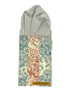 掘り出し物　日本製　ハンドメイド　形態安定　ポケットチーフ　美濃和紙×シルク生地　シルバーホワイトラメ×和柄　草花