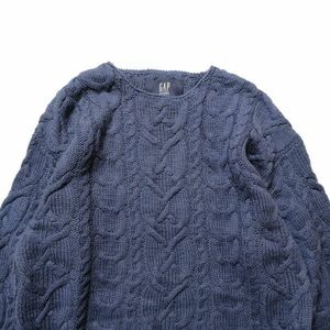 90's Gap GAP cable braided wool knitted sweater navy blue ash series (L) hand made hand-knitted rib less 90 period old tag Old crew neck 