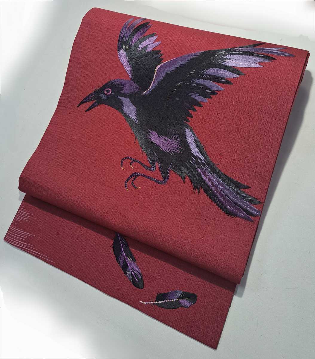 大人気 カラス手刺繍帯 紬 正絹 アンティーク名古屋帯 www