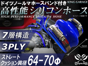 ドイツ ノールマ バンド付 スポーツカー 高性能シリコンホース クッション 異径 内径70Φ⇒Φ64Φ 全長76mm 青色 汎用