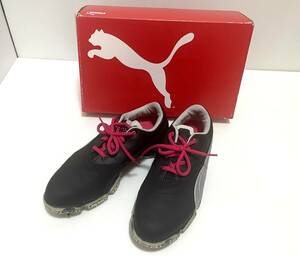 【値下げ格安】25cm超美品◆箱付き◆プーマ ゴルフシューズ【PUMA BioPro Wmns】 スパイク ウォータープルーフ 黒×銀 紐ピンク187588 03