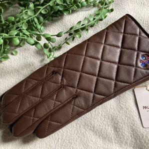★新品★ PAUL&JOE ポール&ジョー ラム革 キルティング×フラワー刺繍 手袋 レディース サイズ21センチ 濃いブラウン