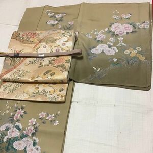 訪問着袋帯セット　薄茶色花々　☆上品な色合い☆素敵です