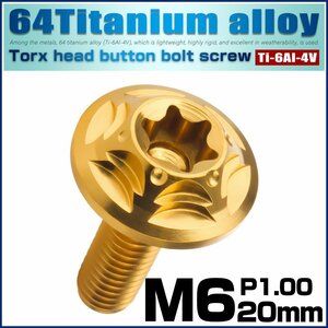 チタンボルト M6×20mm P1.0 ボタンボルト スノーヘッド ホール デザインボルト トルクス穴 ゴールド JA1039
