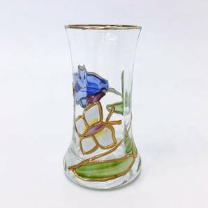 ミニガラスグラスまとめて9客セット カラーガラス ミニグラス フリーカップ 花柄 蝶々柄 金彩 カットデザイン 工芸硝子 酒器の画像2