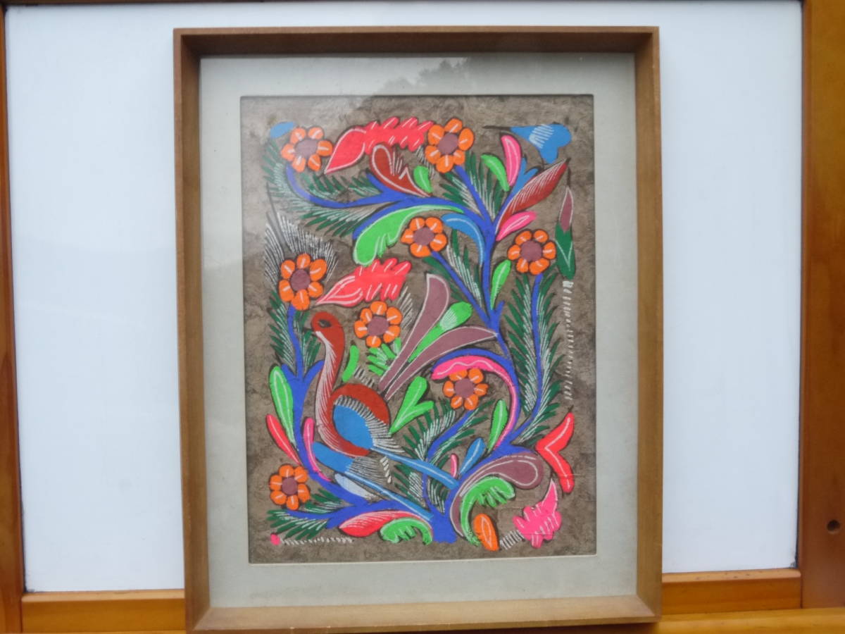 【2N30 H】水彩画 花鳥絵 HAND-PAINTED メキシコ製, 絵画, 水彩, 動物画