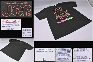 JEF ★ Tシャツ ★ ハンバーガー ★ ネオン ★黒 ★ L ★ ぬーやるバーガー ★ ジェフ ★ 沖縄 ★OKINAWA ★ 80年代風 ★ 綿100% ★ 中古品