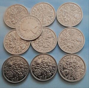 10枚セット 幸せのシックスペンス イギリス 1956年 ラッキー6ペンス 英国コイン 美品 本物 19.5mm 2.8gram 