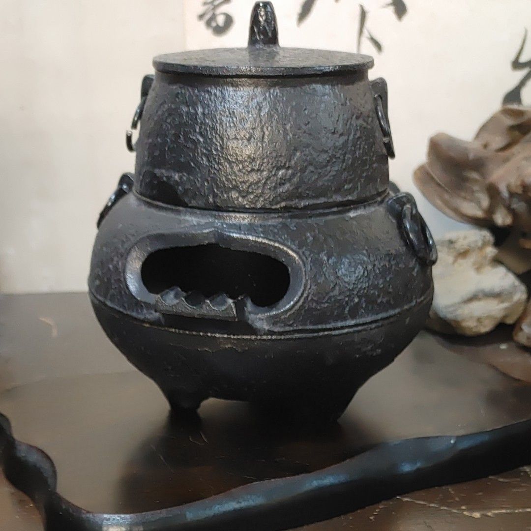 茶道具 唐銅風炉師 福島宗秀 波紋 鬼面三足 風炉釜 風炉 宗秀 高16