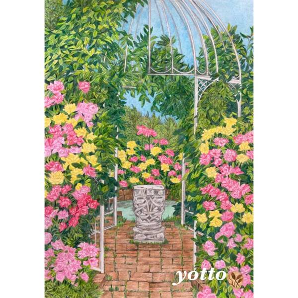 色鉛筆画「 薔薇園にて 」A4・額付き◇◆手描き◇原画◆風景画◇◆yotto◇50%OFF