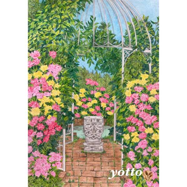 色鉛筆画「 薔薇園にて 」Ａ４・額付き◇◆手描き◇原画◆風景画◇◆yotto◇