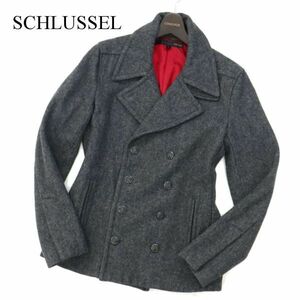 SCHLUSSEL シュリセル 秋冬 赤裏地★ メルトン ウール★ 刻印ボタン Pコート Sz.3　メンズ グレー　C2T12147_B#N