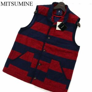 【新品 未使用】 MITSUMINE ミツミネ ツイード ボーダー★ 中綿 ベスト Sz.LL　メンズ ネイビー 大きいサイズ　C2T13317_C#N