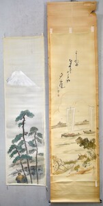 【模作】左/中澤霊泉・右/巖谷小波(句)中澤霊泉(画)「田中の朝(左)」「水郷画賛(右)」 マクリ 絹本 彩色 日本画家 夢二等親交有 y92269033