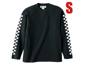 袖CHECKER L/S T-shirt BLACK S/長袖ロンtee白黒市松模様格子柄チェックチェッカーフラッグ袖プリントサイドライン重ね着レイヤードvans