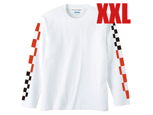 袖CHECKER & STRIPE L/S T-shirt WHITE XXL/長袖ロンtcheckerflagチェッカーフラッグチェック市松模様星条旗国旗柄袖プリントアメカジ古着