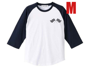 CHECKER FLAGS Raglan 七分袖 Tシャツ WHITE×NAVY M/ラグランスクーターオートバイチェッカー柄モーターサイクルモトクロスバイクライダー