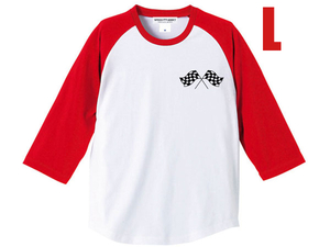 CHECKER FLAGS Raglan 七分袖 Tシャツ WHITE×RED L/英車modsオフロードvmxモトクロスダートトラックレーサーバイクファッションチョッパー