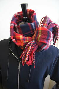 ◇カシミア100％英国”ストール”新作Tartan-check-tricolore/赤黒黄ラ〇*:..azu00men