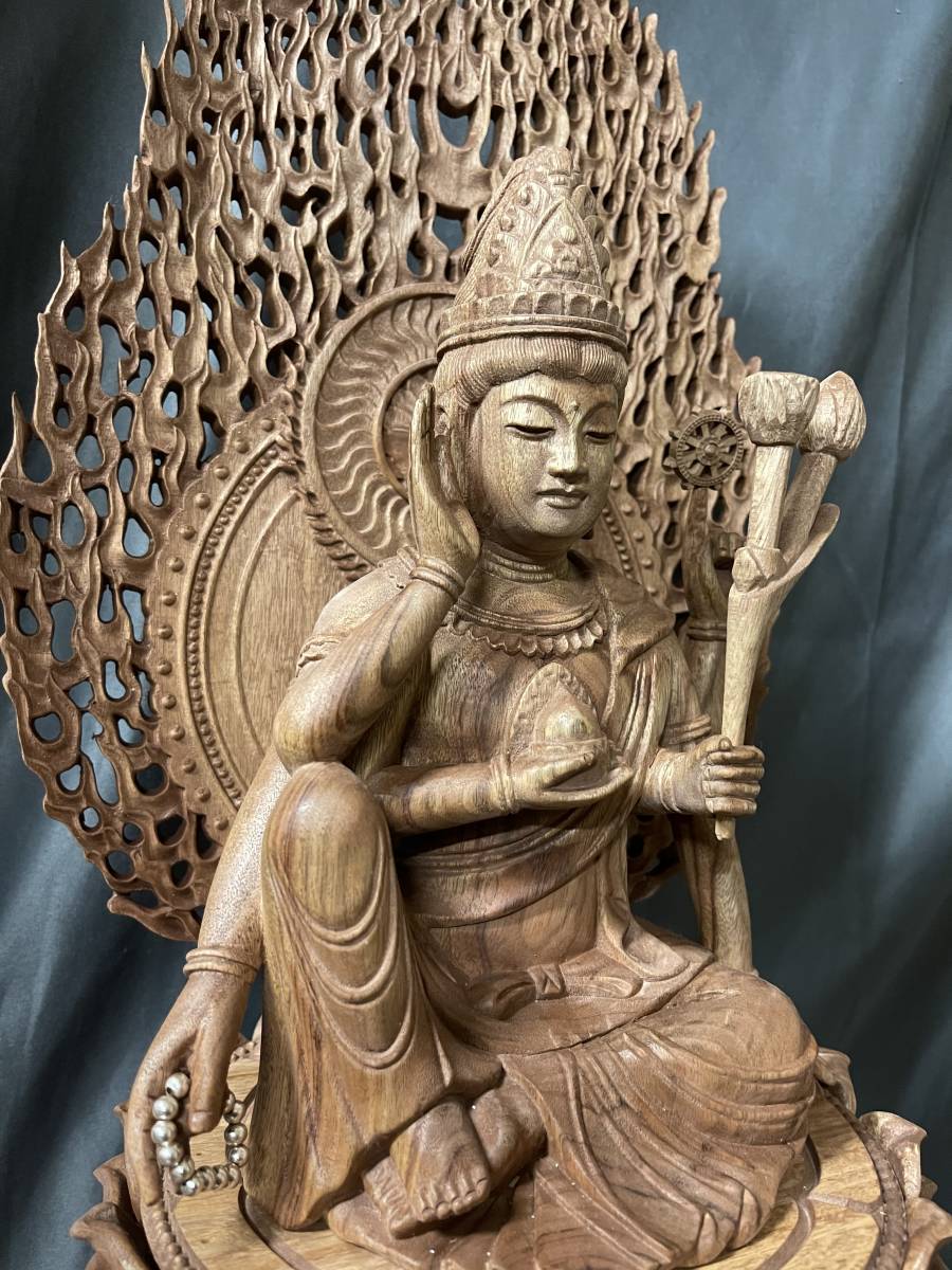 新作 珍品 大型高62cm 黒壇材 仏教工芸品 極上品 千手觀音菩薩座像 