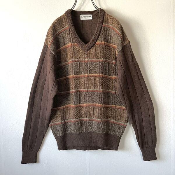古着 立体編みセーター ケーブル編み 模様編み ボーダー ジャカード Vネック ブラウン 茶色 アースカラー レトロ M ウール