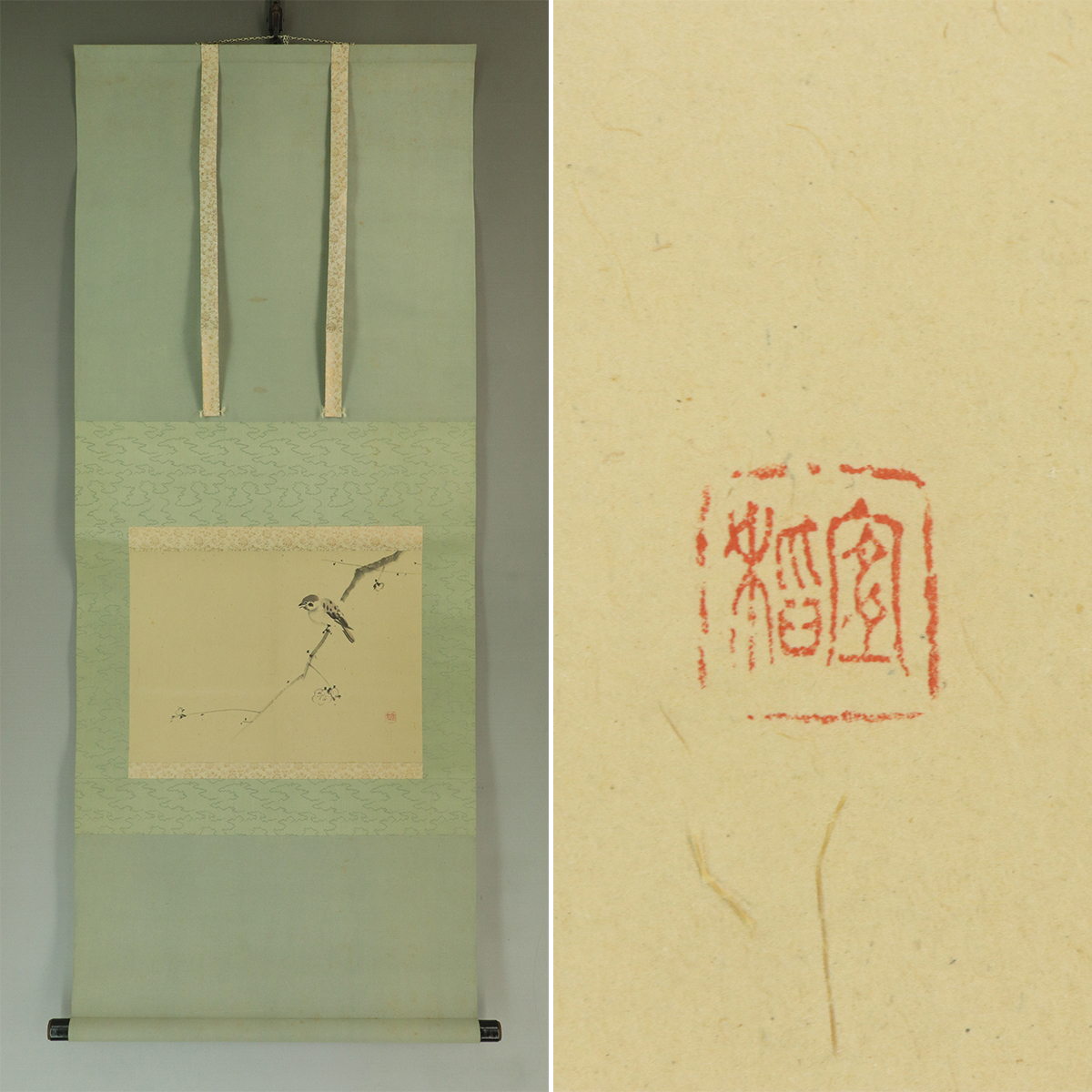 [Authentic] Yoshina Morimura [Plum and Sparrow] ◆Paper book◆Hanging scroll u06195b, Painting, Japanese painting, Flowers and Birds, Wildlife