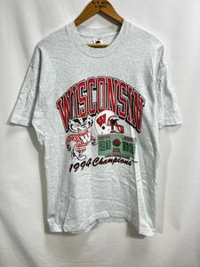 ■ 90s USA製 ビンテージ FRUIT OF THE LOOM ウィスコンシン州立大学 アメフト イラストプリント Tシャツ サイズL ROSE BOWL WISCONSIN ■