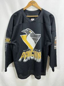 ■ 90s CANADA製 ビンテージ CCM NHL ペンギンズ メッシュ地 両面プリント ホッケー Tシャツ サイズL ブラック ジャージ PENGUINS ■