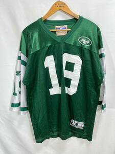 ■ CANADA製 STARTER TEAM NFL ジェッツ ＃19 ジョンソン メッシュ地 アメフト ユニフォーム 古着 サイズL グリーン JETS K.JOHNSON ■