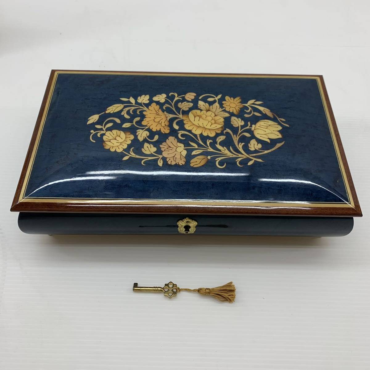 REUGE イタリア製 宝石箱 オルゴール 小物入れ 象嵌細工 ブルー 美品 