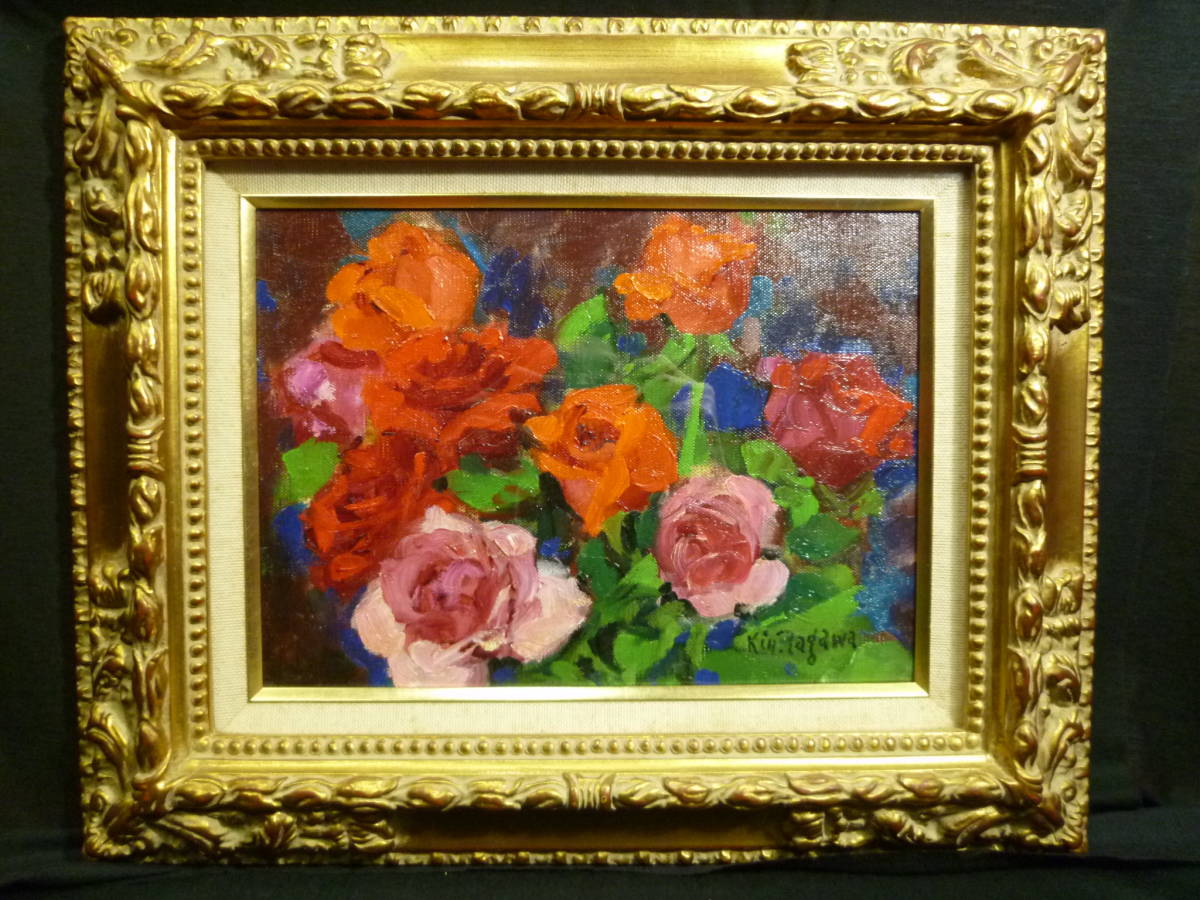 Kenji Tagawa Rose Flower '71 oil painting on canvas, excellent work, guaranteed authentic, member of Shunyokai, teacher: Kanichi Tagawa, Rinsaku Akamatsu, Osaka Prefecture Person of Cultural Merit, painting, oil painting, still life painting