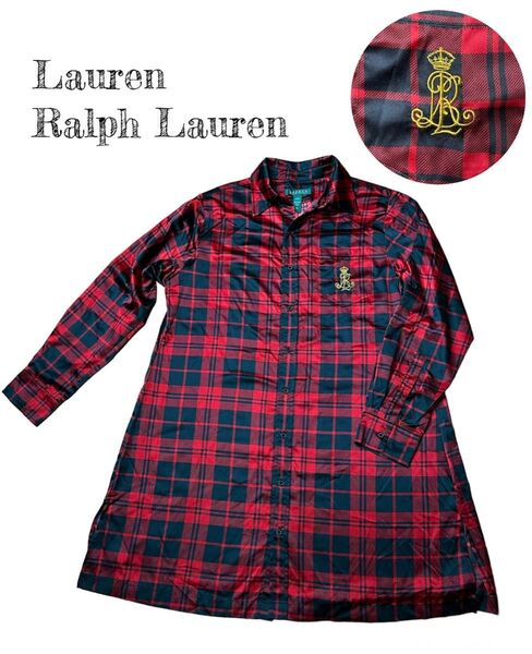 レア美品★ Lauren Ralph Lauren ラルフローレン シャツワンピース 赤チェック柄 長袖シャツ Mサイズ