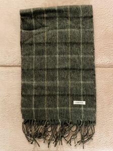 ラムウール LAMB WOOL マフラー、毛100%、グレーチェック柄、約25cm×163cm+フサ約8cm、used、美品