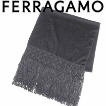 新品同様●Salvatore Ferragamo サルヴァトーレ フェラガモ 大判 カシミヤ ショール マフラー ストール 黒 ブラック_画像1