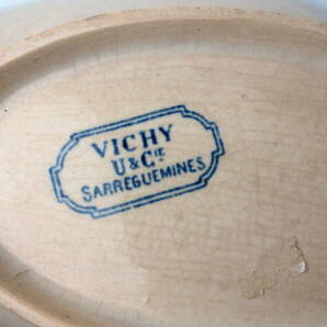 19世紀後期頃 フランス Sarreguemines サルグミンヌ窯 U&C ラヴィエ皿 プレート 楕円 可憐なクローバー VICHY 古色風合 古道具の画像2