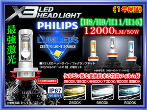 三菱ふそう24V/X3[H8/H9/H11/H16]最新版LEDヘッドライト/フォグランプ1年保証/12000LM 6500K/50W/フイルム付2個/PHILIPS車検対応