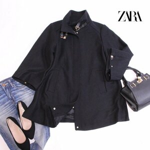 美品 ZARA woman ザラ ウーマン ■ 冬 飾りレザーベルト スタンドカラー Aラインコート ウールコート Ｍ ブラック 黒