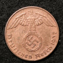 KM#89【ナチス鉤十字】ドイツ第三帝国 1ライヒスペニヒ銅貨（1937）ミュンヘン製造[E1163]コイン　_画像1