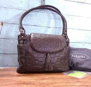  beautiful goods * crocodile leather handbag one shoulder ..takechi real black kowani leather fringe 