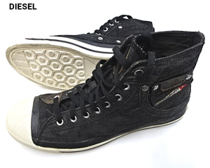 US10(28cm)【DIESEL DENIM HI CUT スニーカー BLACK ディーゼル デニム地 スニーカー ブラックデニム メンズ シューズ】