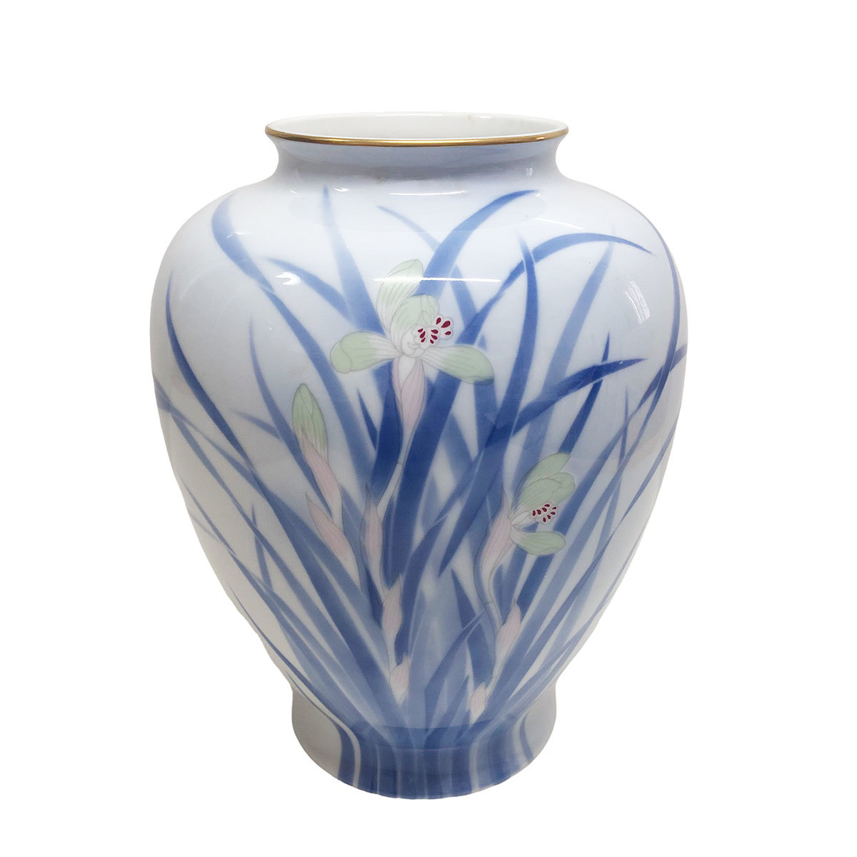 M0242 美品九谷焼青磁龍仙作宮窯染付花瓶花器花入美術品陶磁器石狩引取
