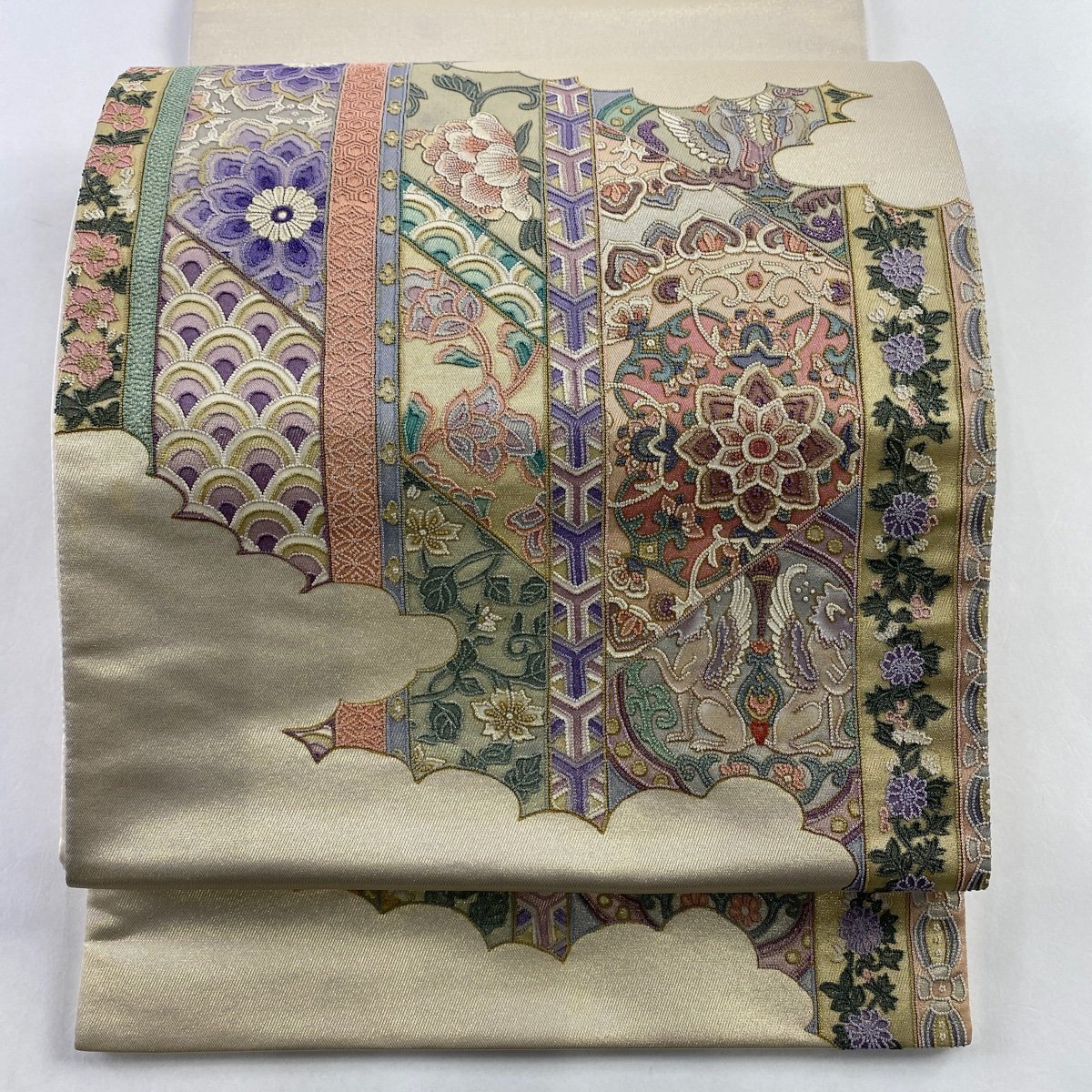 未使用品 小紋 蘇州刺繍 生成り 淡いベージュ 変わり格子 正絹 お洒落