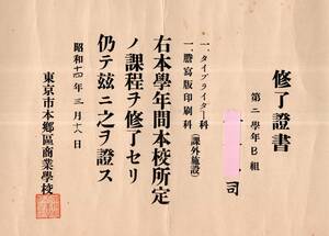 昭和十四年三月十八日　終了證書　東京市立本郷区商業学校某君宛　タイプライター科・謄写版印刷科（課外施設）　学校教育時代考証資料