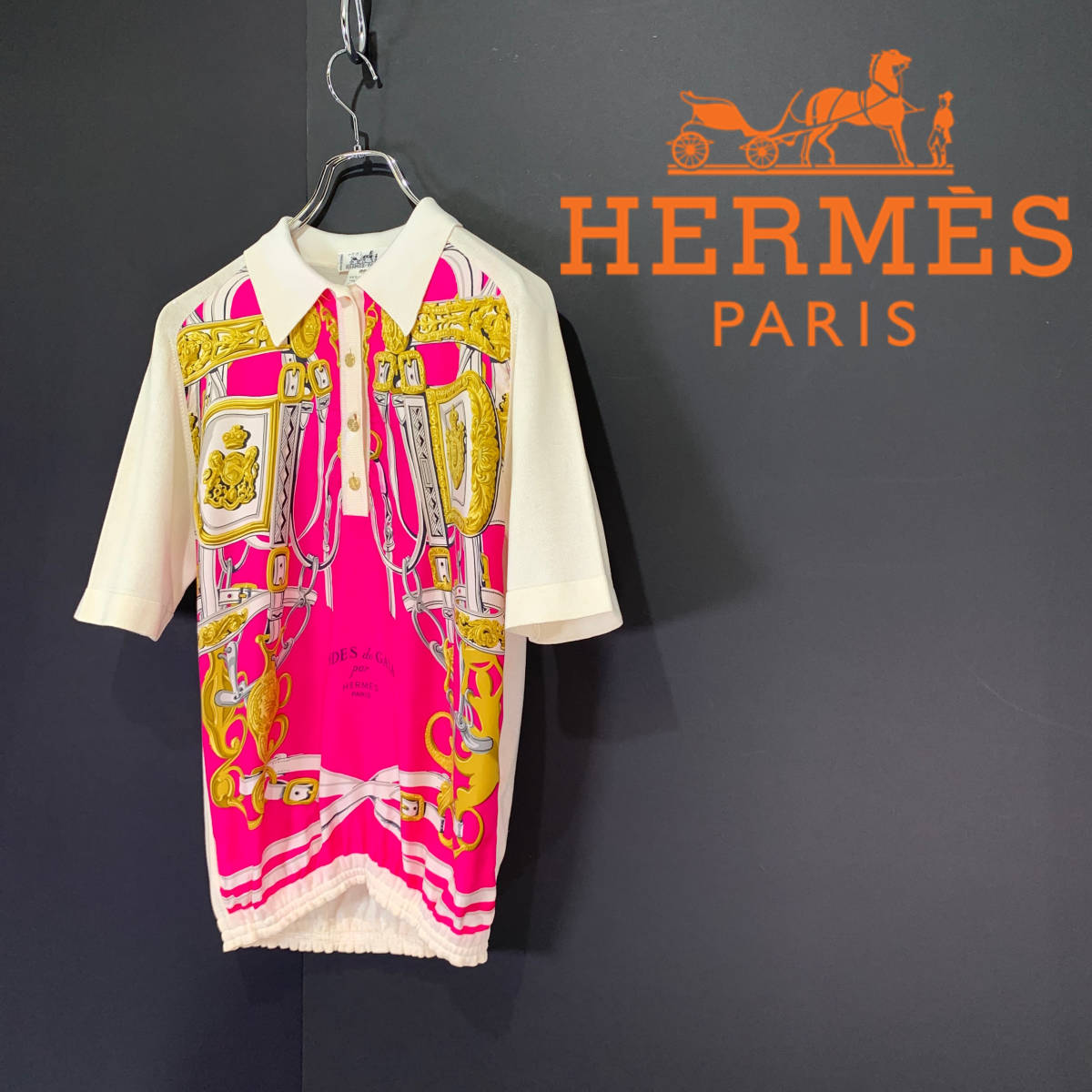 金刺繍馬柄シャツ HERMESパンツ フランス製シルク 比翼金ボタン灰紫 A