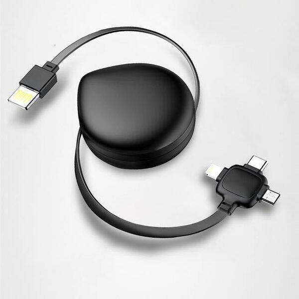 3in1充電ケーブル 巻取り Type-C iPhone Android USB 黒