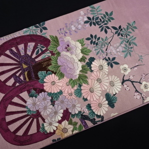 アンティーク丸帯 手刺繍 花車 両面 引き抜き柄の画像4